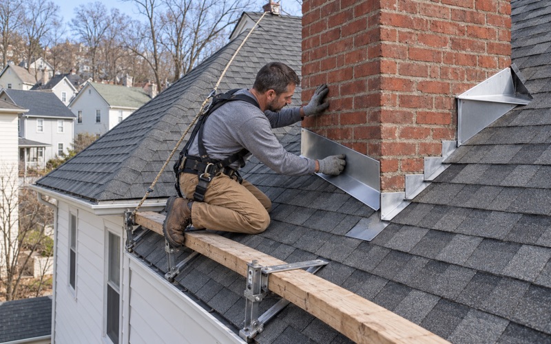 New counter flashing set into a cut mortar joint on the brick chimney of a frame house in Scranton.