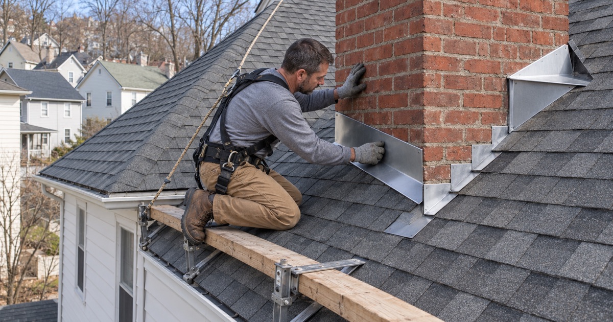 New counter flashing set into a cut mortar joint on the brick chimney of a frame house in Scranton.