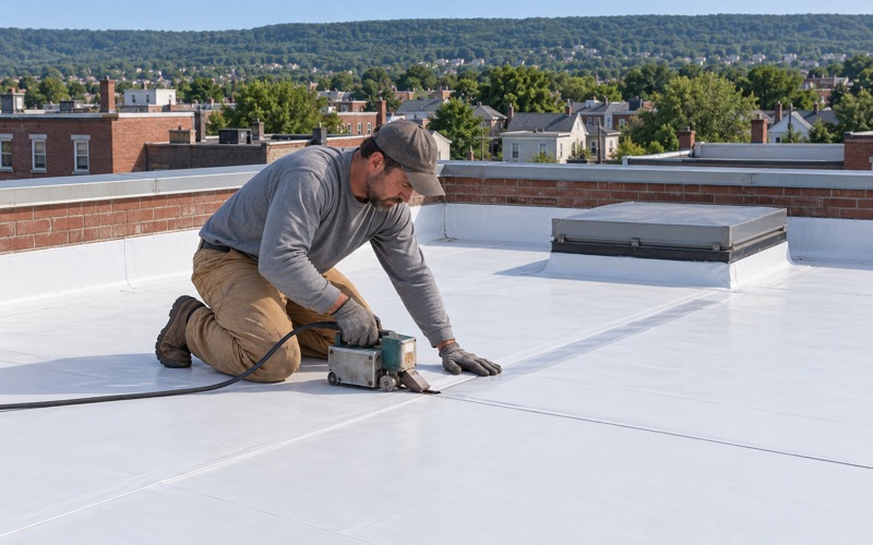 A roofer welding a seam in a white TPO membrane on the flat roof of a brick commercial building in Scranton.