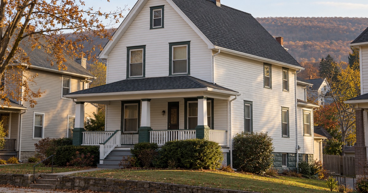 A finished new shingle roof on a two-and-a-half-story frame house in Scranton in late afternoon light.