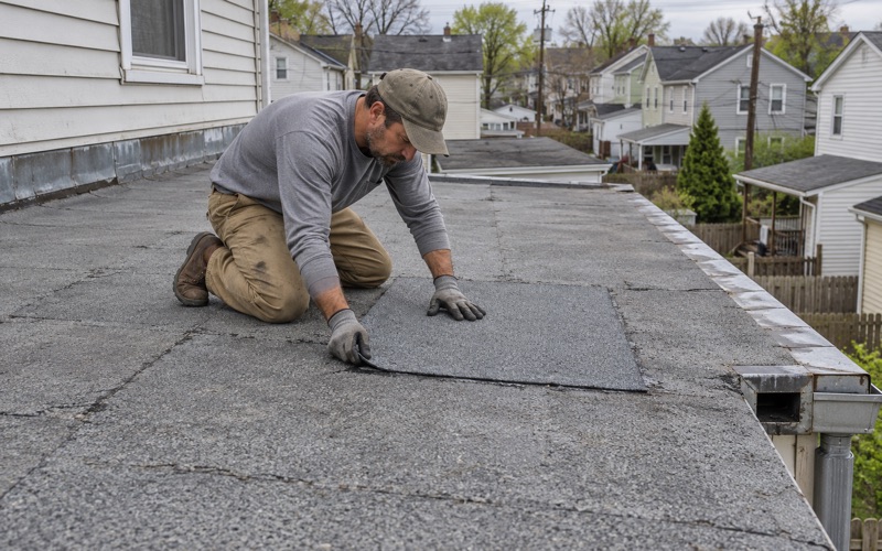 A modified bitumen patch going down on the flat rear roof of a frame house in Scranton.