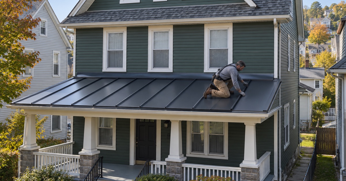 Standing-seam steel going on the low-pitch front porch roof of a two-and-a-half-story frame house in Scranton.