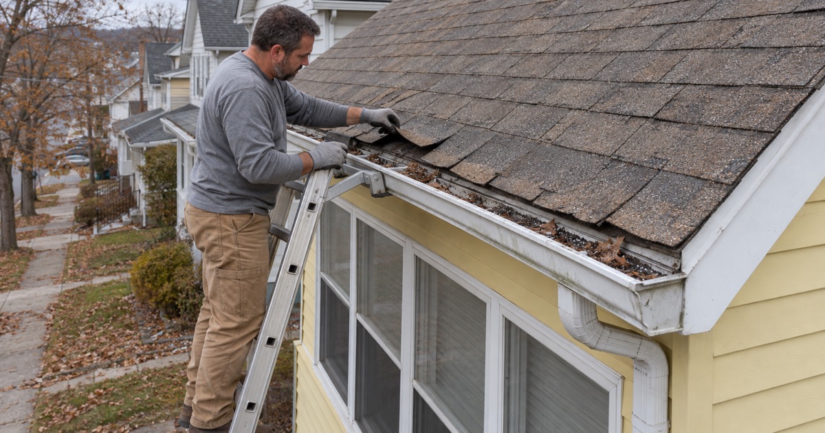 A roofer inspecting curled three-tab shingles and loose granules at the eave of a frame house in Scranton.