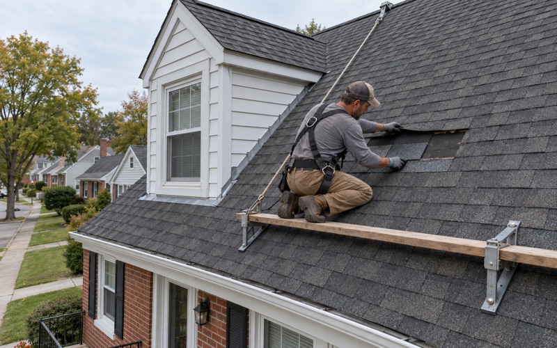 A roofer sliding a matched replacement shingle into a gap on the roof of a 1950s cape on the edge of Scranton.