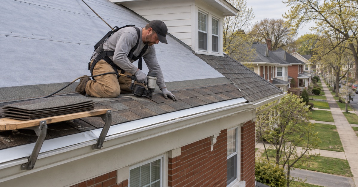 The first courses of new shingles nailed in above the drip edge on a full roof replacement on a brick-front foursquare in Scranton.