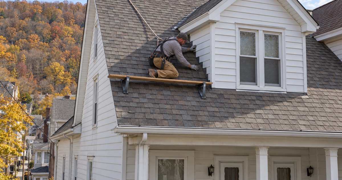 New shingles fitted up the side of a dormer on a prewar hillside rental house in Carbondale.