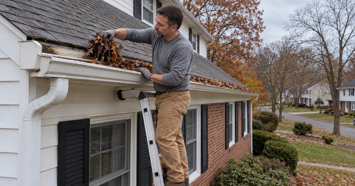 A roofer clearing leaves from the gutter of a 1960s house in Clarks Summit to keep it free from obstructions.