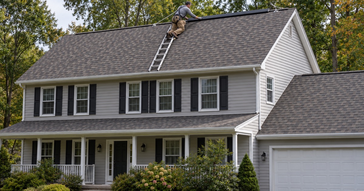 A roof replacement on a wooded-lot colonial in Dallas Township