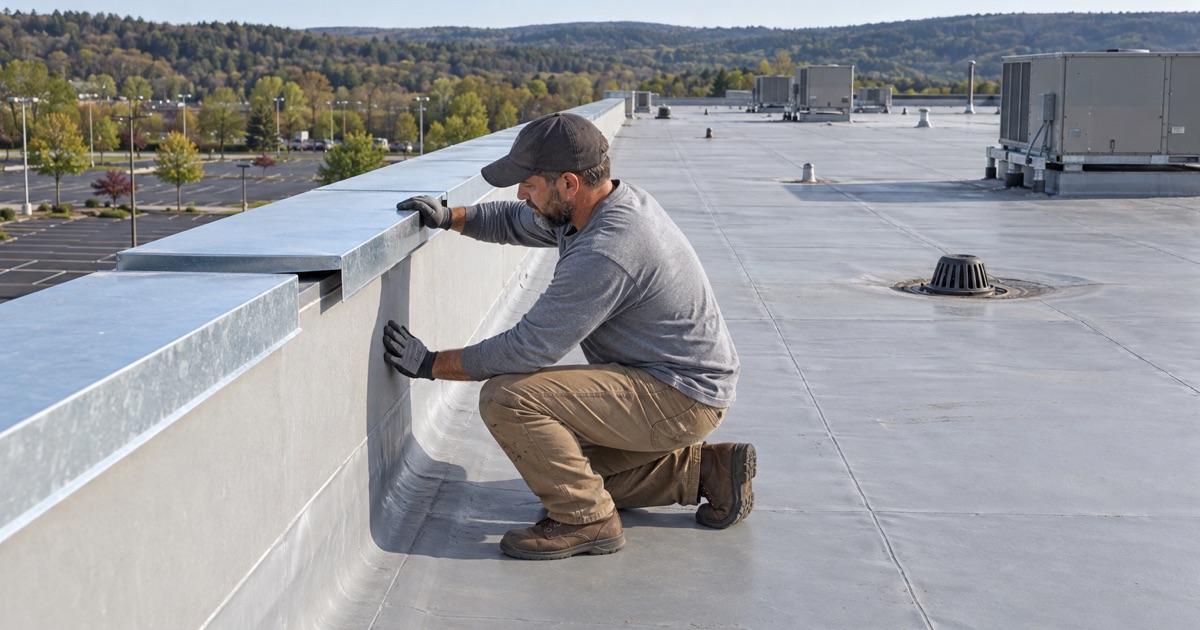 A roofer fitting new parapet coping on the broad low-slope roof of a big-box retail building in Dickson City.