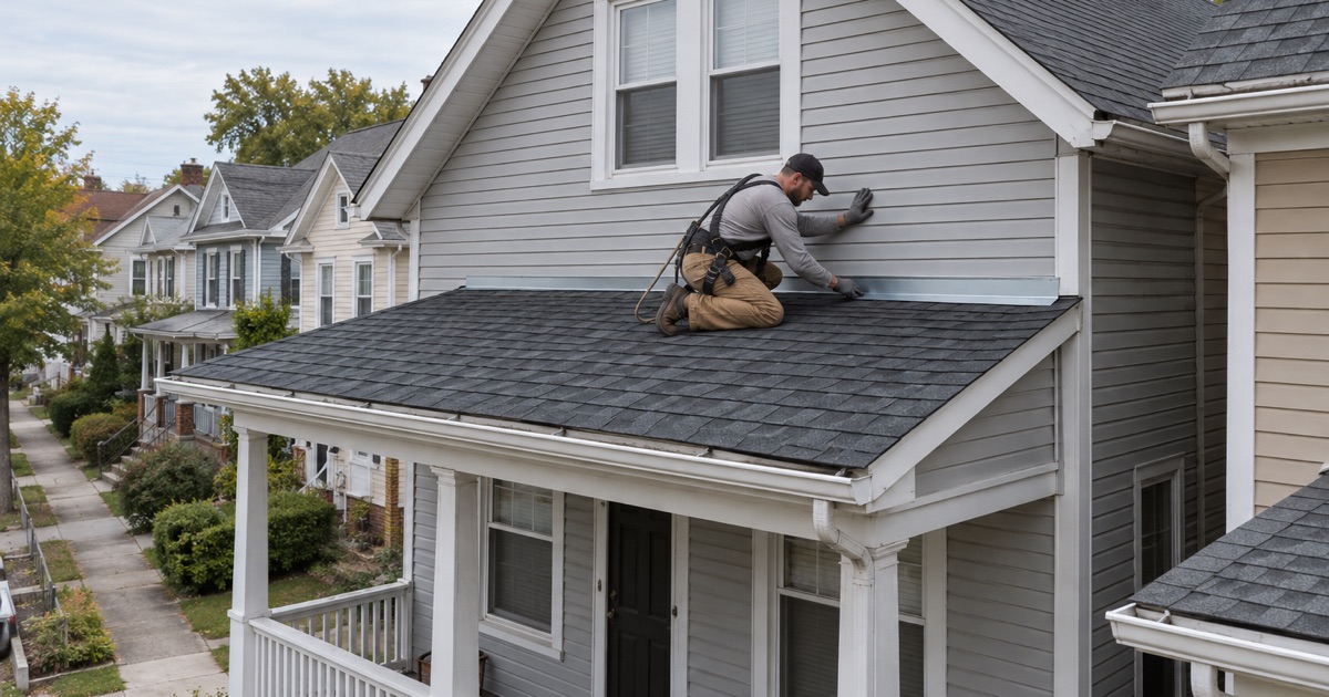 New flashing on the porch roof of a prewar rental house in Edwardsville