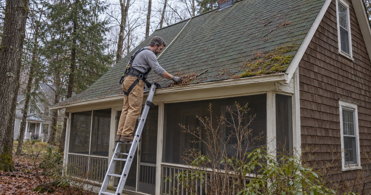 An after-season roof check at the eave of a seasonal village house in the woods at Gouldsboro.
