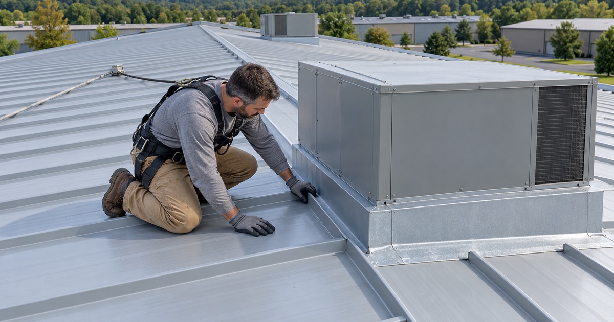 A roofer checking a raised seam beside a rooftop unit on the standing-seam steel roof of a flex building in Hanover Township.