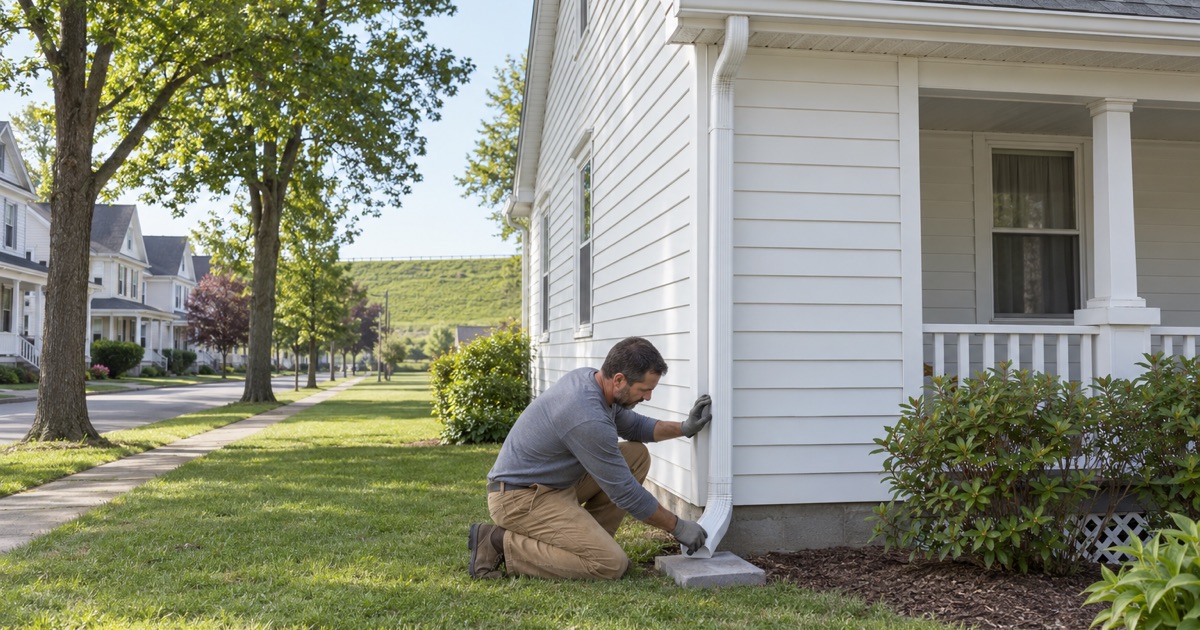 A downspout turned onto a splash block after a re-roof on a house in Jessup