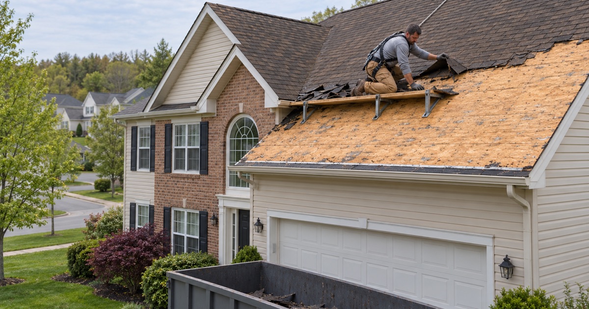The original shingles coming off a 2000s colonial in Moosic for its first roof replacement.