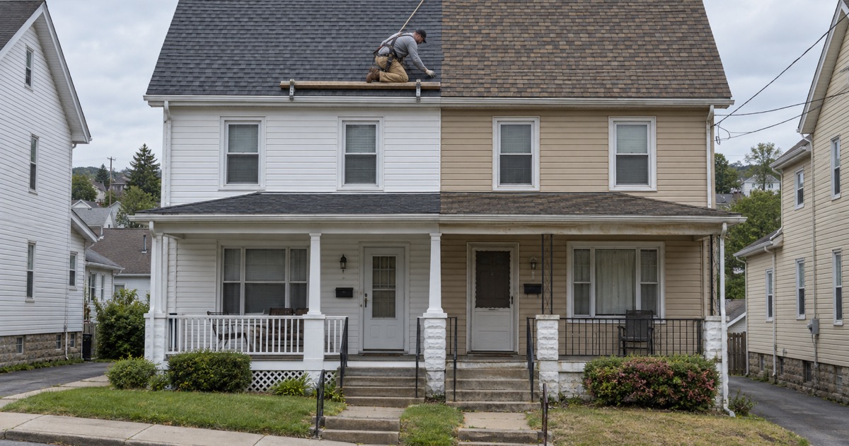 One half of a twin re-roofed up to the party line where it meets the neighbor’s older shingles in Nanticoke.