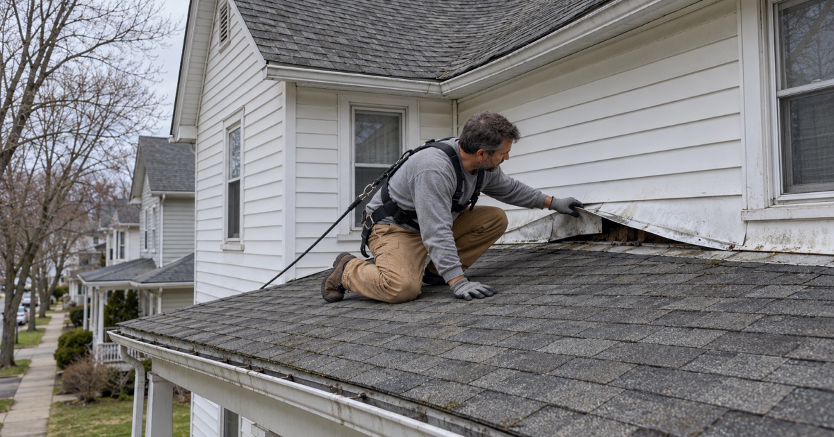 A roofer documenting torn flashing at the wall line on a house with a sagging ridge in Old Forge.