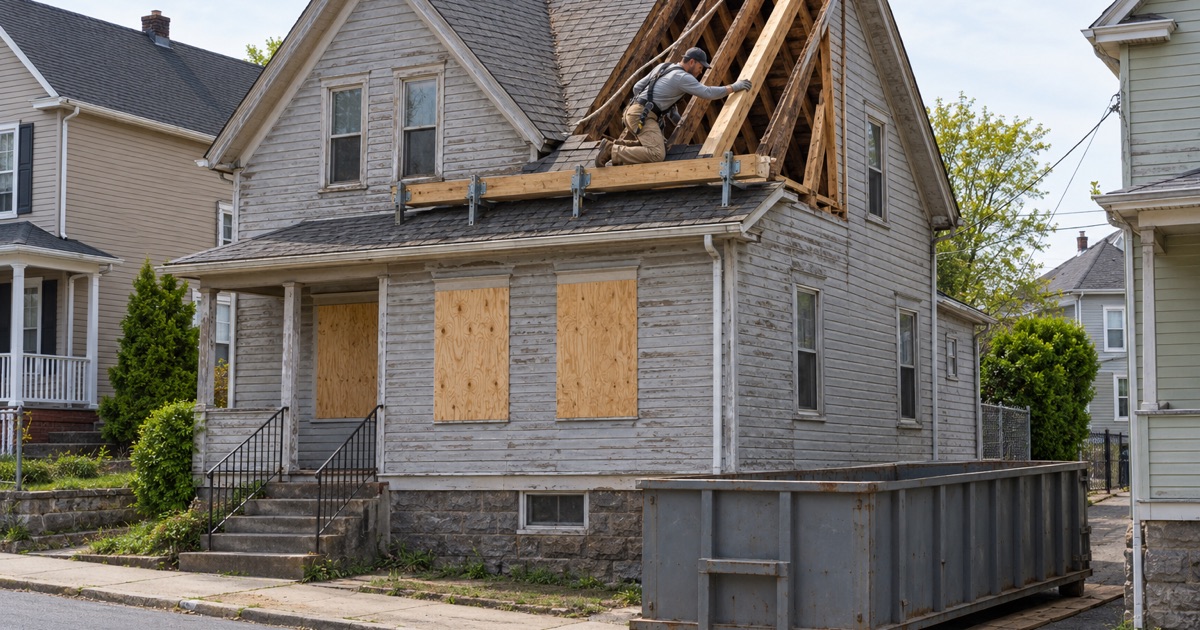 A new rafter sistered to a cracked one during a roof-first rehab of a vacant house in Pittston.