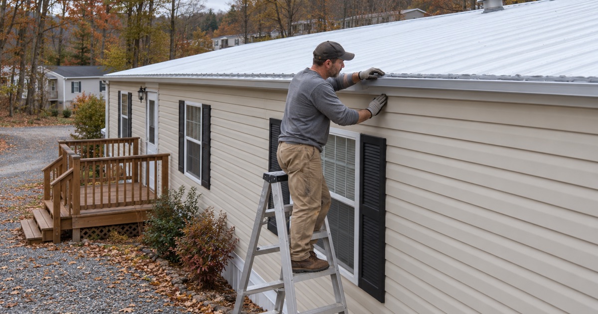 A roofer resealing the drip rail along the low roof of a manufactured home in Plains Township.