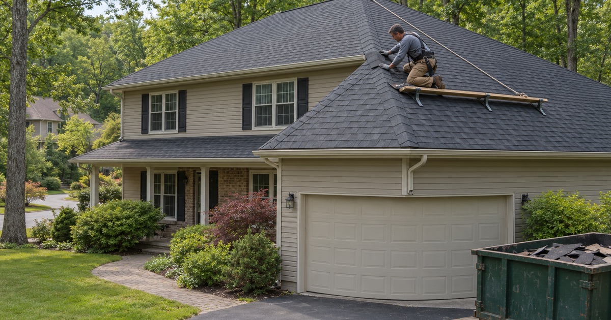 Hip shingles in an approved color going on a 1990s house in Pocono Springs, with the tear-off in a container on the drive.