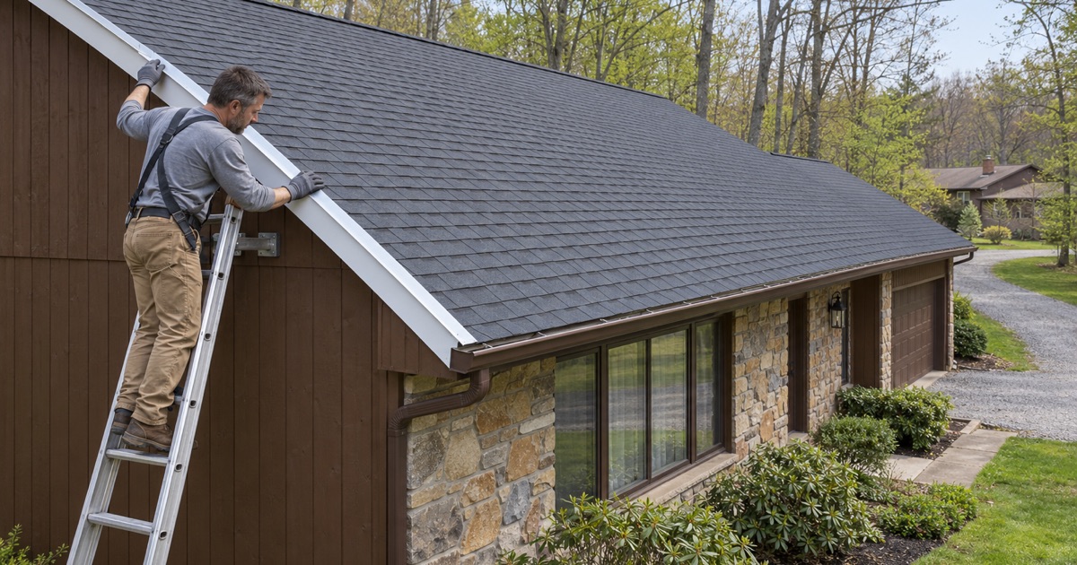 A new rake edge finishing a re-roof on a 1970s ranch in Scott Township, done before any panels go on.