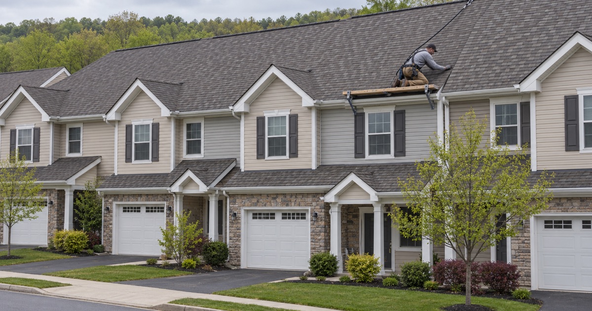 One townhouse in a row re-roofed in the row’s own color in South Abington Township.
