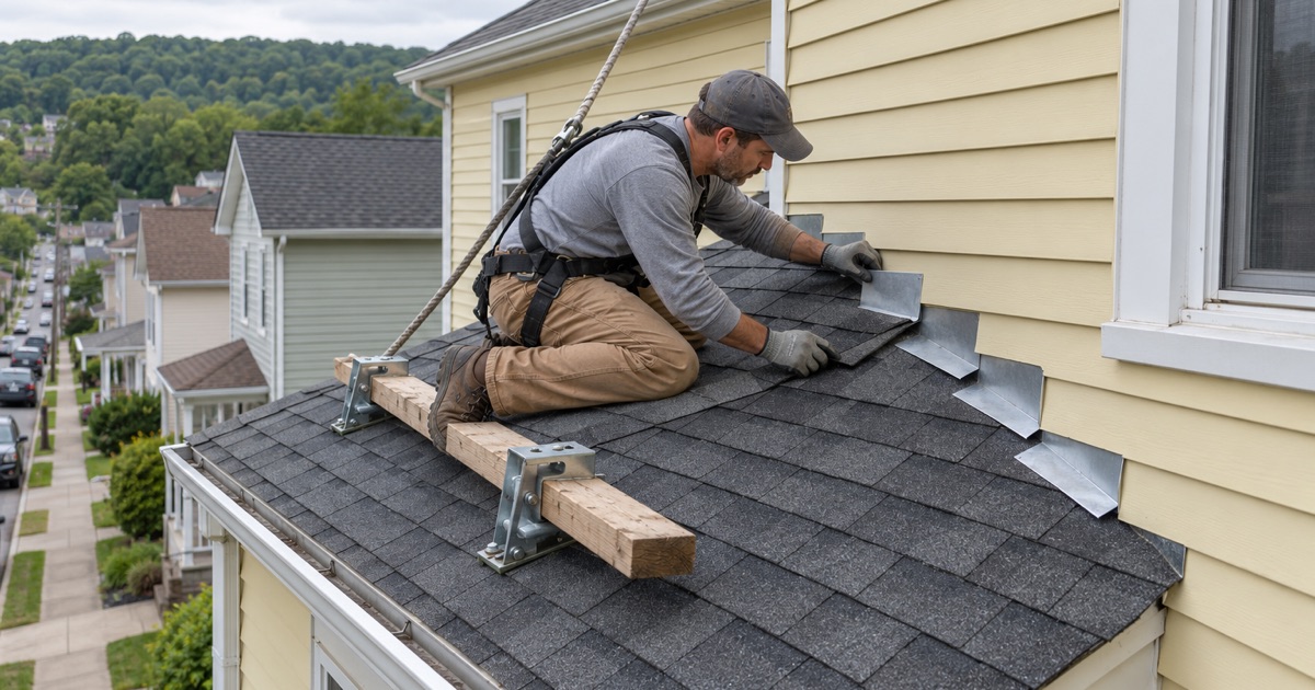 Step flashing going in on the roof of a pre-1960 frame house in Swoyersville