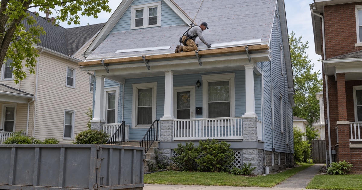 New drip edge going on at the eave of a prewar frame house on a dense Wilkes-Barre street during a permitted re-roof.