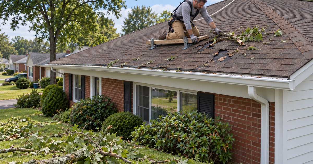A roofer clearing a broken limb from storm-damaged shingles on a 1950s ranch in Scranton.